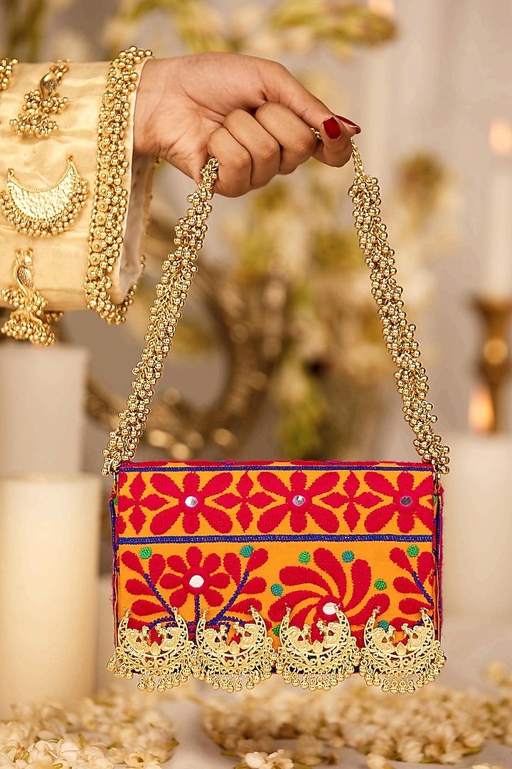 Mustard Jacquard Paisley Motif Embroidered Clutch Bag by 5 Elements at Pernia's Pop Up Shop