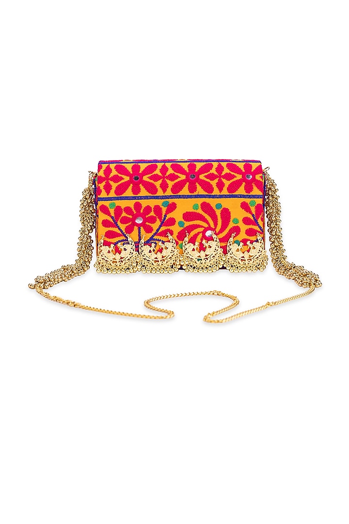 Mustard Jacquard Paisley Motif Embroidered Clutch Bag by 5 Elements at Pernia's Pop Up Shop