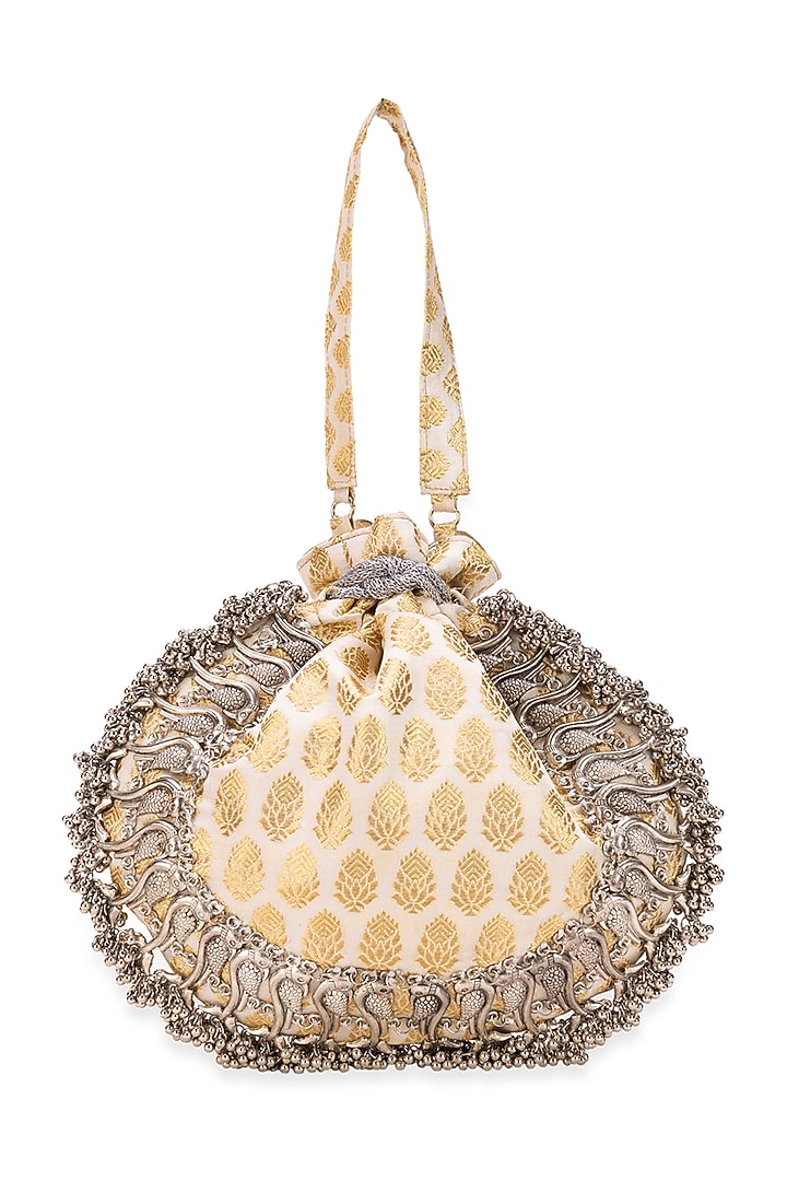 Off-White Cotton Floral Motif Embroidered Potli Bag by 5 Elements at Pernia's Pop Up Shop