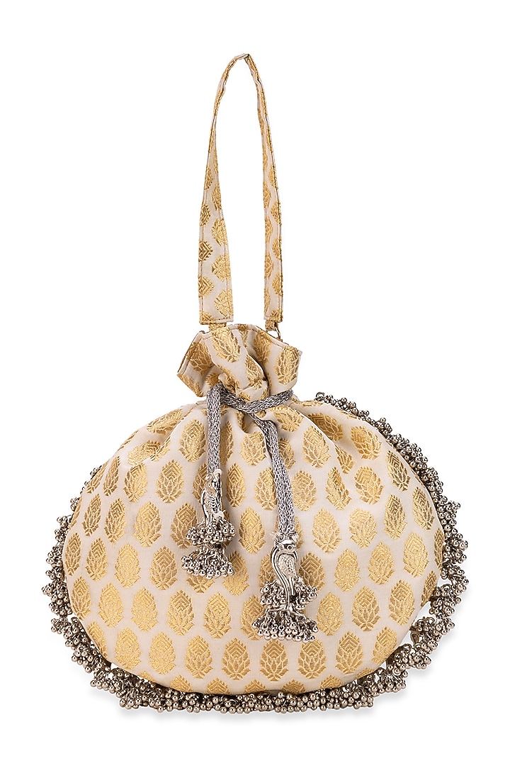 Off-White Cotton Floral Motif Embroidered Potli Bag by 5 Elements at Pernia's Pop Up Shop
