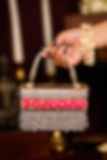 Gold Faux Leather Pom-Poms Embellished Handbag by 5 Elements at Pernia's Pop Up Shop