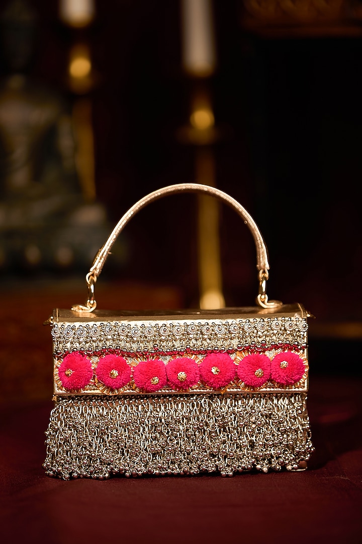 Gold Faux Leather Pom-Poms Embellished Handbag by 5 Elements at Pernia's Pop Up Shop