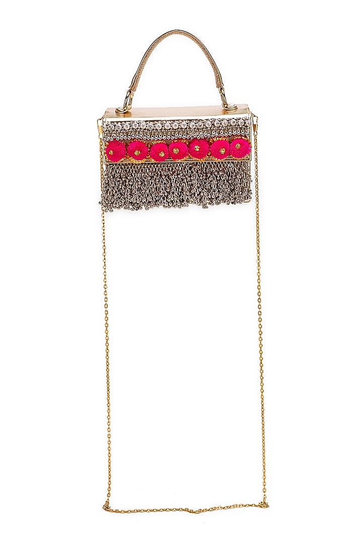 Gold Faux Leather Pom-Poms Embellished Handbag by 5 Elements at Pernia's Pop Up Shop