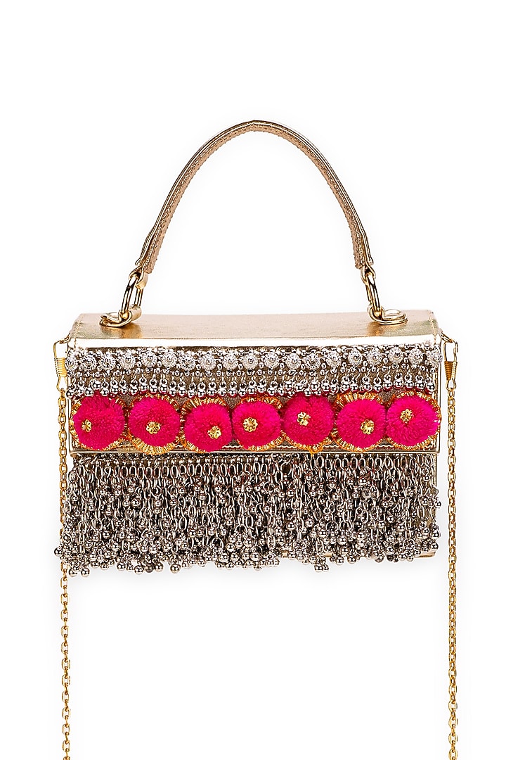 Gold Faux Leather Pom-Poms Embellished Handbag by 5 Elements at Pernia's Pop Up Shop