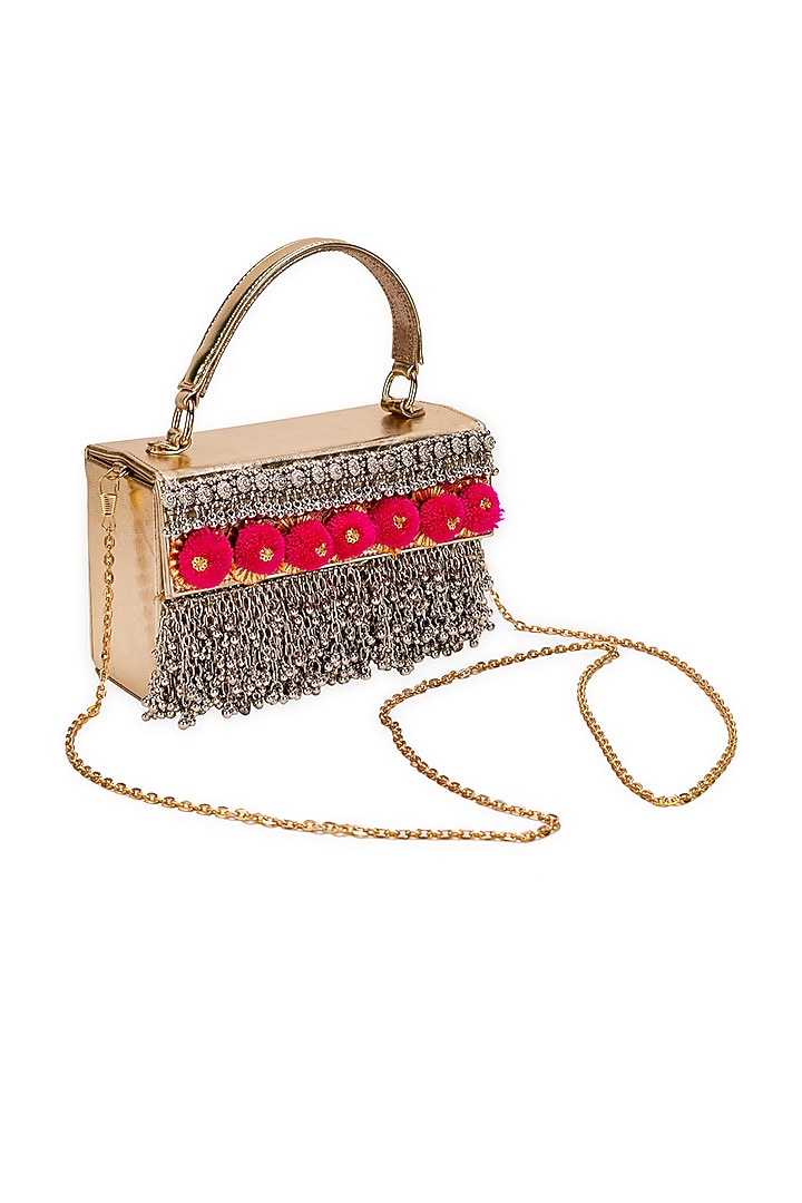 Gold Faux Leather Pom-Poms Embellished Handbag by 5 Elements at Pernia's Pop Up Shop