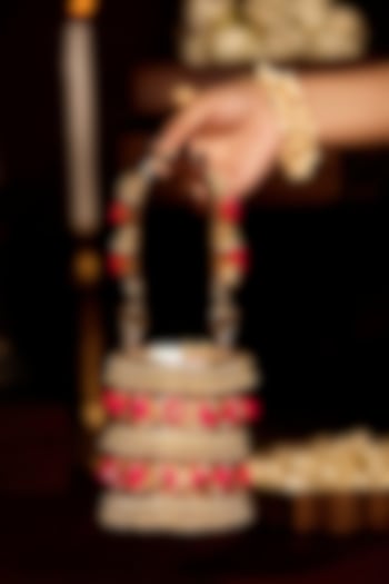 Gold Faux Leather Pink Pom-Poms Rectangular Handbag by 5 Elements at Pernia's Pop Up Shop