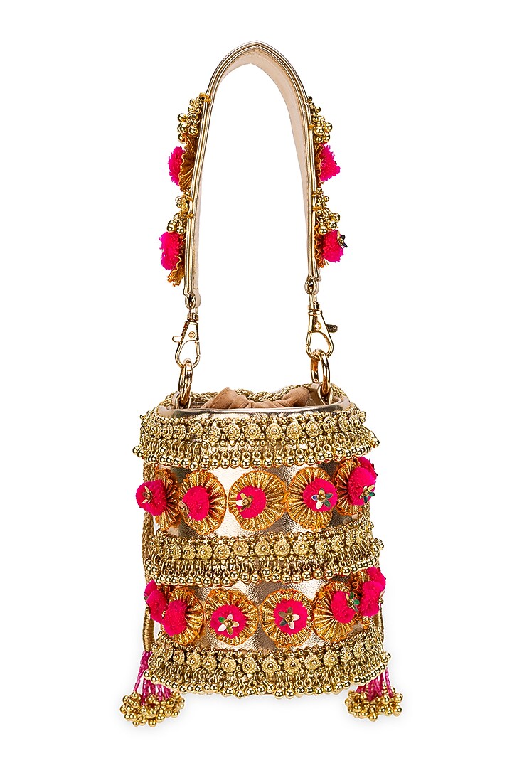 Gold Faux Leather Pink Pom-Poms Rectangular Handbag by 5 Elements at Pernia's Pop Up Shop