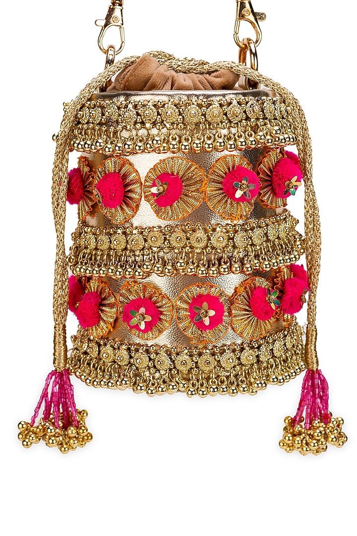 Gold Faux Leather Pink Pom-Poms Rectangular Handbag by 5 Elements at Pernia's Pop Up Shop