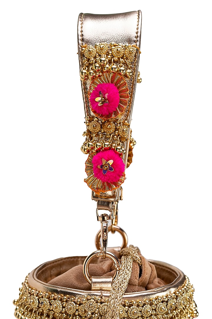 Gold Faux Leather Pink Pom-Poms Rectangular Handbag by 5 Elements at Pernia's Pop Up Shop