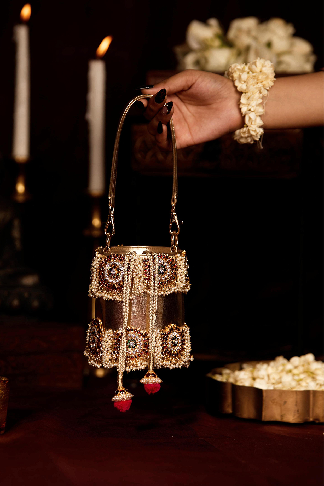 Gold Faux Leather Circular Motif Bucket Handbag by 5 Elements at Pernia's Pop Up Shop