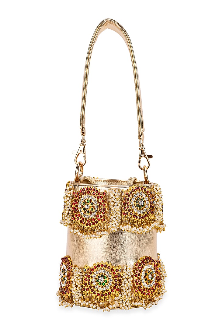Gold Faux Leather Circular Motif Bucket Handbag by 5 Elements at Pernia's Pop Up Shop