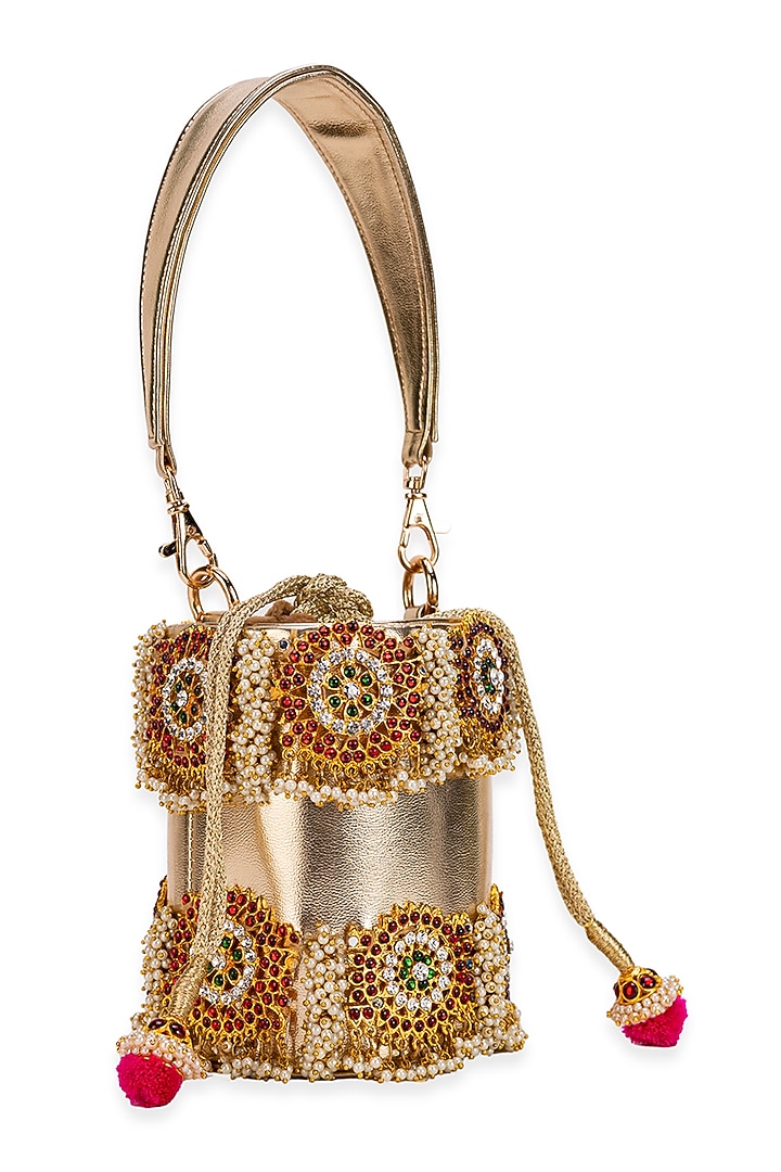 Gold Faux Leather Circular Motif Bucket Handbag by 5 Elements at Pernia's Pop Up Shop