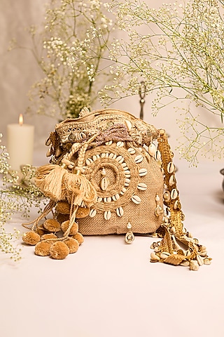 Brown Jute Shells Potli Bag by 5 Elements