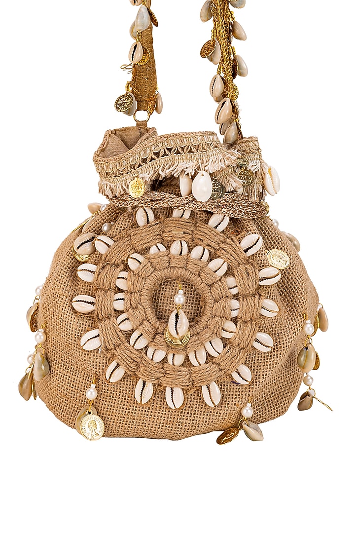 Brown Jute Shells Potli Bag by 5 Elements at Pernia's Pop Up Shop