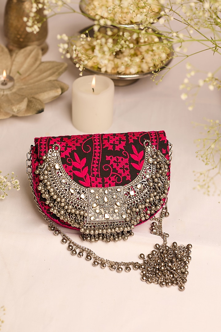 Pink & Black Jacquard Embroidered Handcrafted Handbag by 5 Elements at Pernia's Pop Up Shop