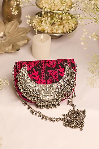 Pink & Black Jacquard Embroidered Handcrafted Handbag by 5 Elements