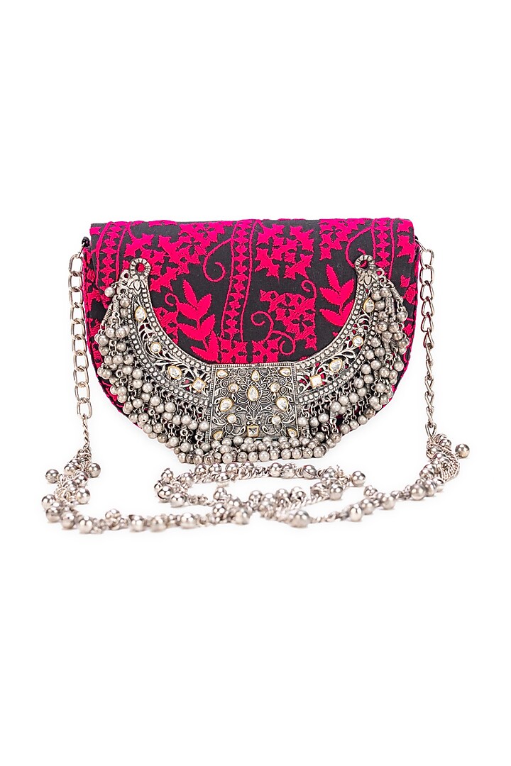 Pink & Black Jacquard Embroidered Handcrafted Handbag by 5 Elements at Pernia's Pop Up Shop