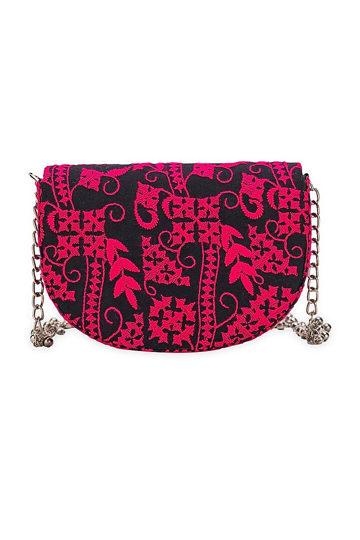 Pink & Black Jacquard Embroidered Handcrafted Handbag by 5 Elements at Pernia's Pop Up Shop