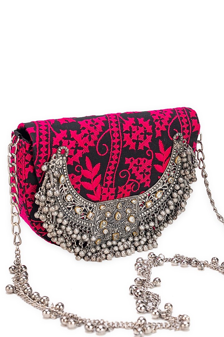 Pink & Black Jacquard Embroidered Handcrafted Handbag by 5 Elements at Pernia's Pop Up Shop