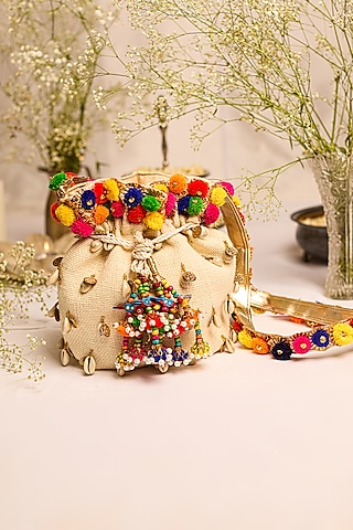 Off-White Jute Pom-Pom Embellished Potli Bag by 5 Elements