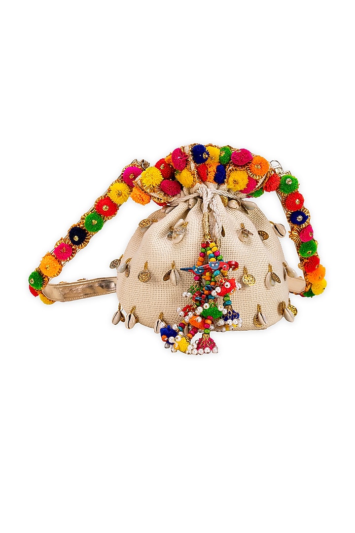 Off-White Jute Pom-Pom Embellished Potli Bag by 5 Elements at Pernia's Pop Up Shop