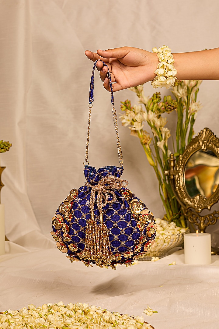 Royal Blue Velvet Motif Embellished Potli Bag by 5 Elements at Pernia's Pop Up Shop