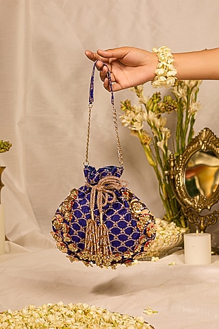Royal Blue Velvet Motif Embellished Potli Bag by 5 Elements
