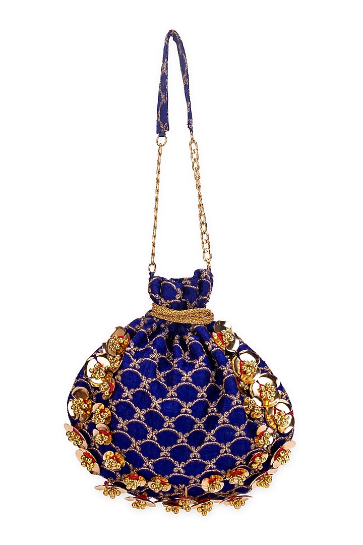 Royal Blue Velvet Motif Embellished Potli Bag by 5 Elements at Pernia's Pop Up Shop