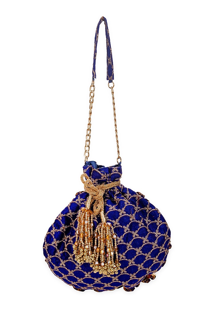 Royal Blue Velvet Motif Embellished Potli Bag by 5 Elements at Pernia's Pop Up Shop