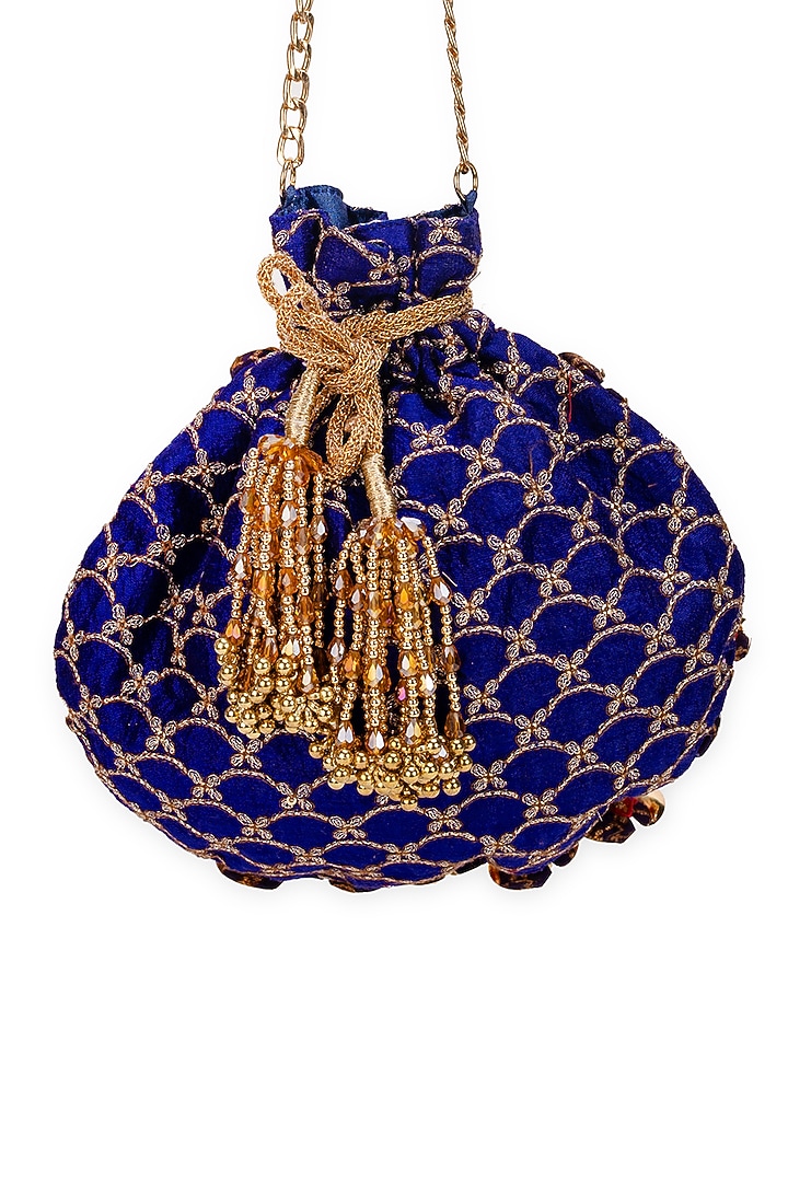 Royal Blue Velvet Motif Embellished Potli Bag by 5 Elements at Pernia's Pop Up Shop