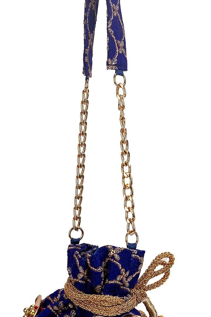 Royal Blue Velvet Motif Embellished Potli Bag by 5 Elements at Pernia's Pop Up Shop