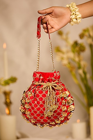 Red Cotton Motif Embellished Potli Bag by 5 Elements