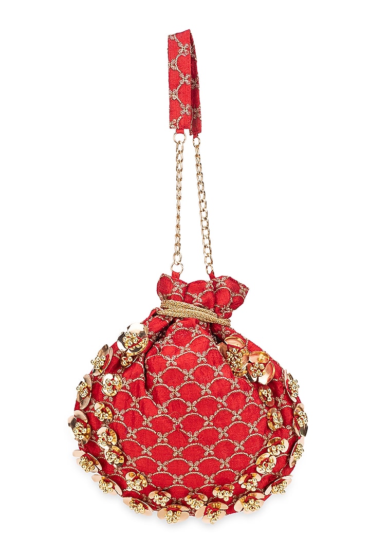Red Cotton Motif Embellished Potli Bag by 5 Elements at Pernia's Pop Up Shop