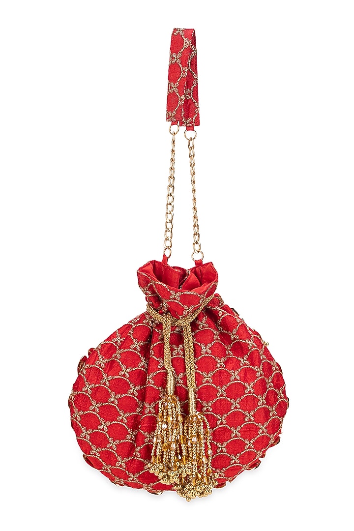 Red Cotton Motif Embellished Potli Bag by 5 Elements at Pernia's Pop Up Shop