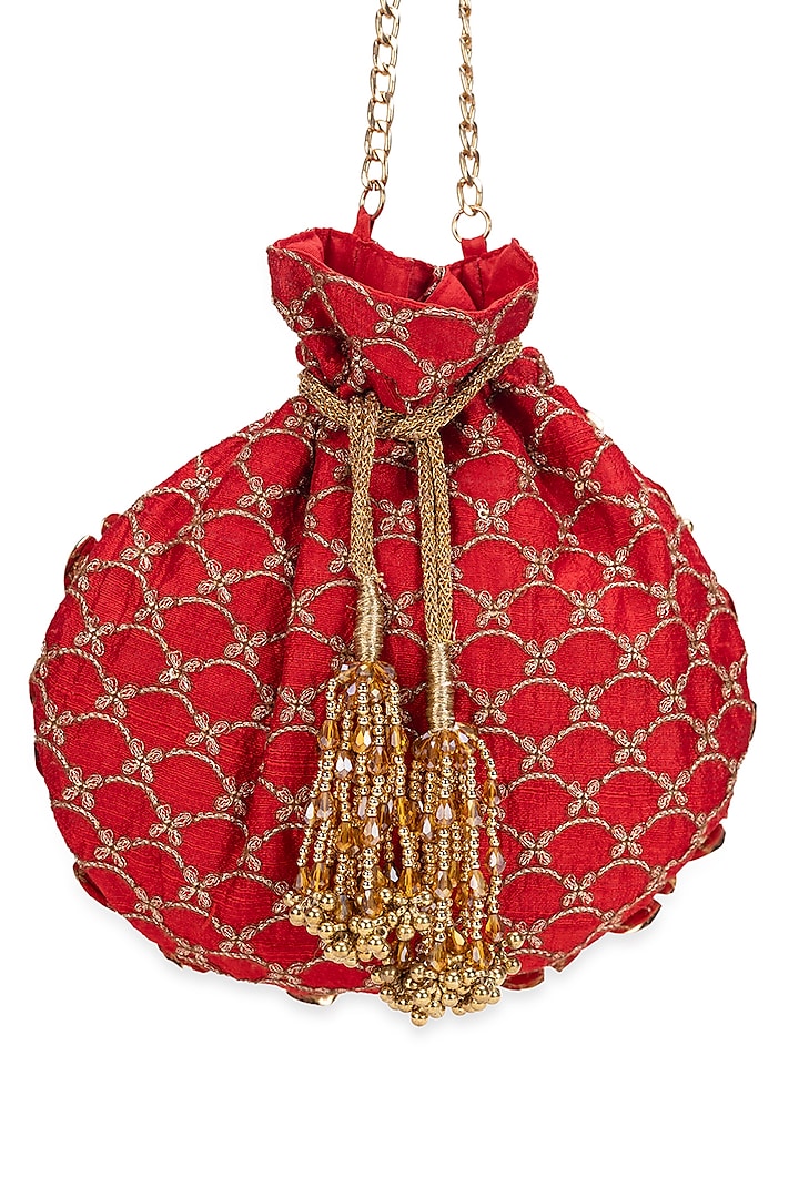 Red Cotton Motif Embellished Potli Bag by 5 Elements at Pernia's Pop Up Shop