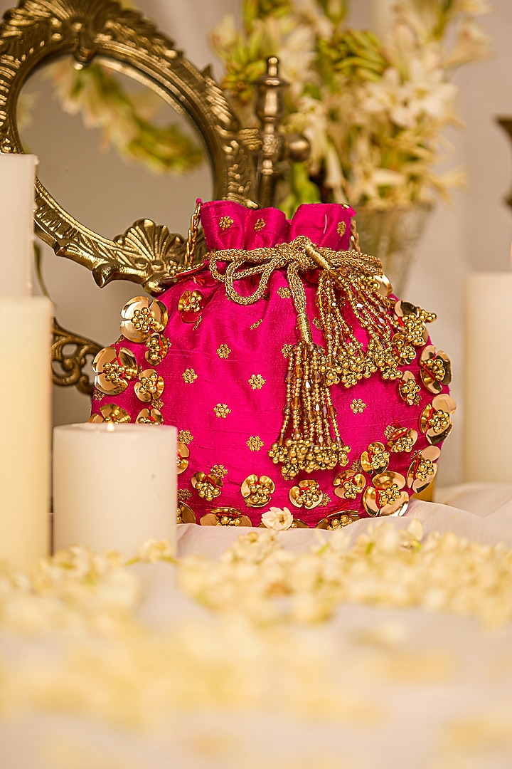 Magenta Pink Cotton Gold Embellished Potli Bag by 5 Elements at Pernia's Pop Up Shop