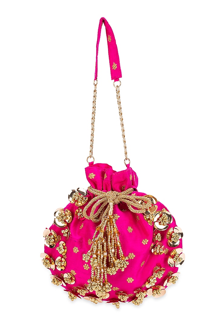 Magenta Pink Cotton Gold Embellished Potli Bag by 5 Elements at Pernia's Pop Up Shop