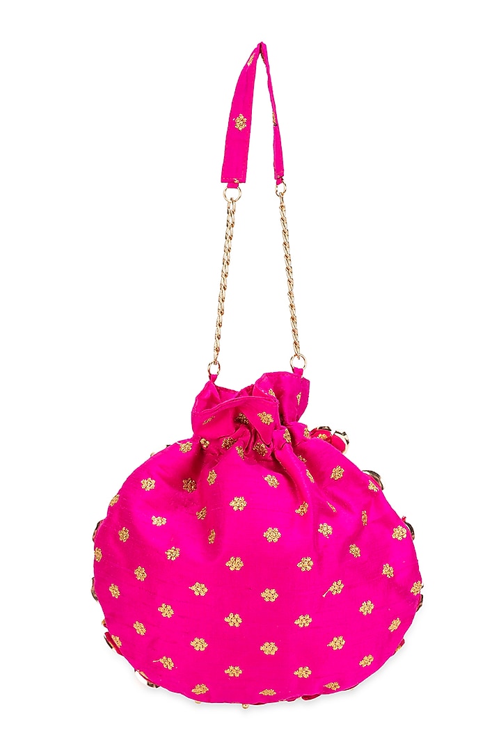 Magenta Pink Cotton Gold Embellished Potli Bag by 5 Elements at Pernia's Pop Up Shop