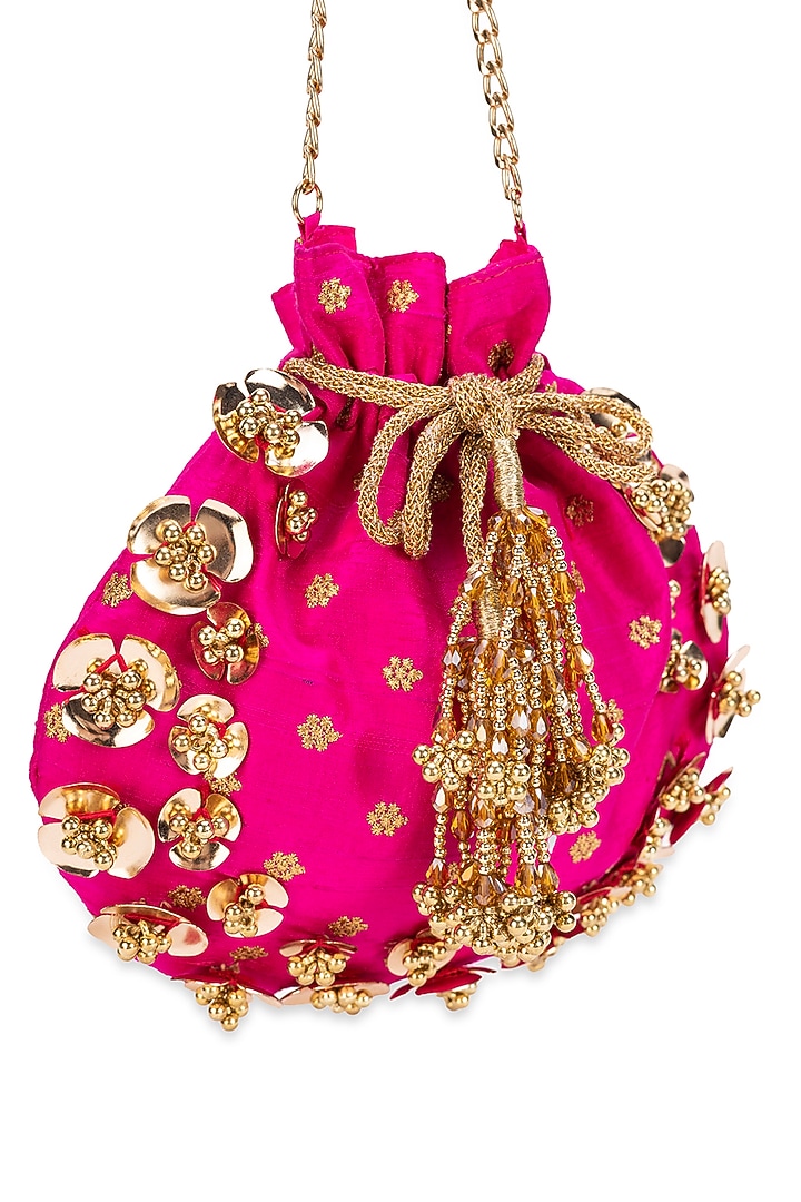Magenta Pink Cotton Gold Embellished Potli Bag by 5 Elements at Pernia's Pop Up Shop