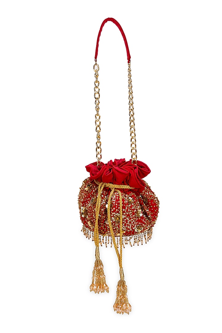 Red Cotton Sequins Embellished Potli Bag by 5 Elements at Pernia's Pop Up Shop