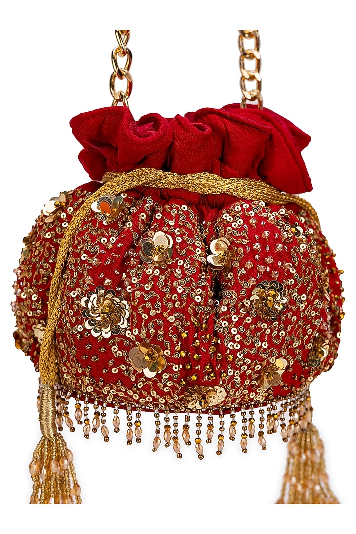 Red Cotton Sequins Embellished Potli Bag by 5 Elements at Pernia's Pop Up Shop