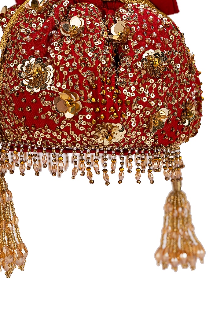 Red Cotton Sequins Embellished Potli Bag by 5 Elements at Pernia's Pop Up Shop