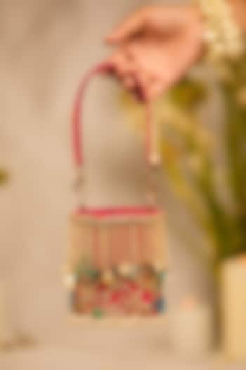 Red Faux Leather Gota-Patti Embellished Cylindrical Potli Bag by 5 Elements at Pernia's Pop Up Shop