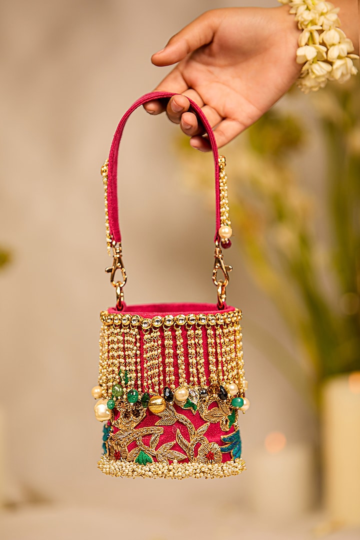 Red Faux Leather Gota-Patti Embellished Cylindrical Potli Bag by 5 Elements at Pernia's Pop Up Shop
