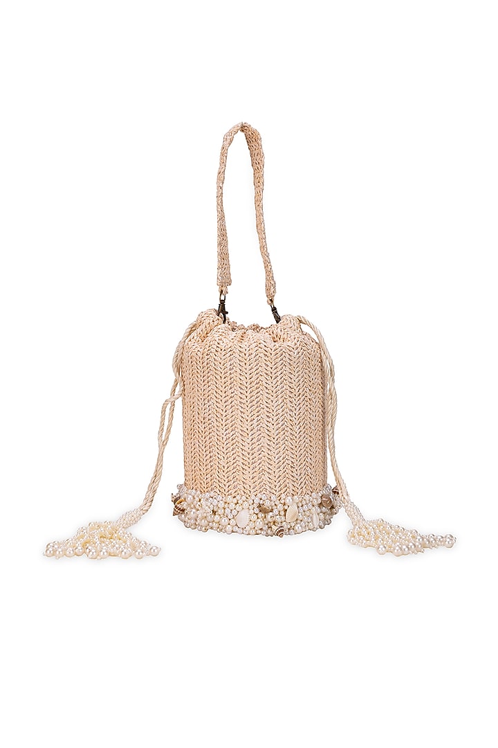 Off-White Jute Seashell Embellished Cylindrical Potli Bag by 5 Elements at Pernia's Pop Up Shop
