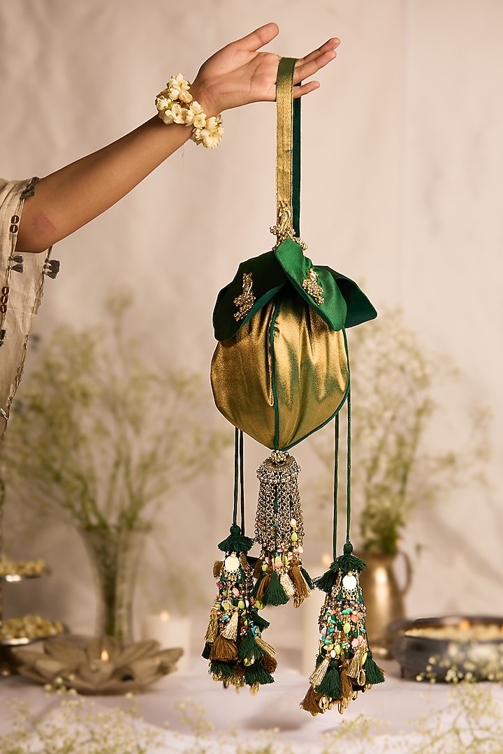 Green & Golden Cotton Tassels Embellished Potli Bag by 5 Elements at Pernia's Pop Up Shop