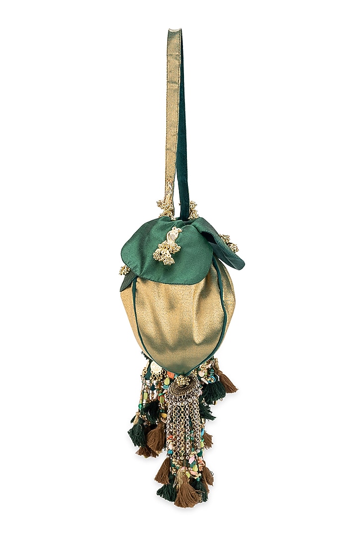 Green & Golden Cotton Tassels Embellished Potli Bag by 5 Elements at Pernia's Pop Up Shop