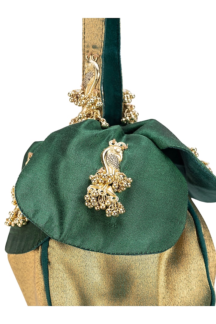 Green & Golden Cotton Tassels Embellished Potli Bag by 5 Elements at Pernia's Pop Up Shop