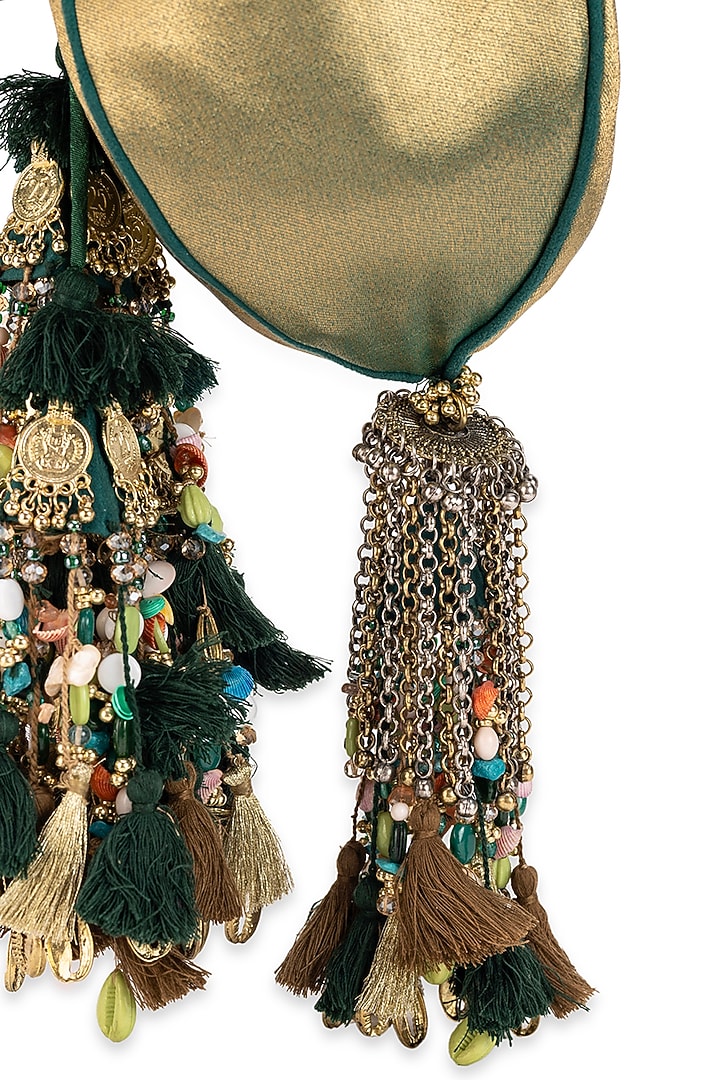 Green & Golden Cotton Tassels Embellished Potli Bag by 5 Elements at Pernia's Pop Up Shop
