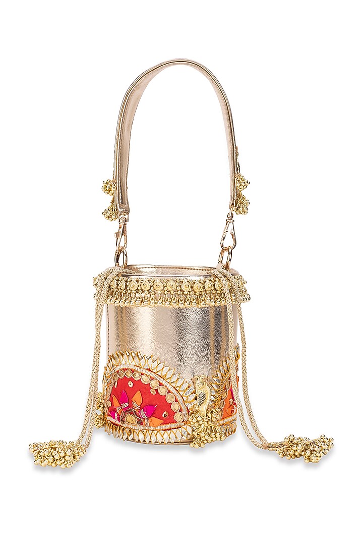 Gold Jute Gota-Patti Embellished Cylindrical Potli Bag by 5 Elements at Pernia's Pop Up Shop